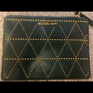 Michael Kors Deep Teal Pebbled Leather With Round Gold Studs Wristlet. Large.